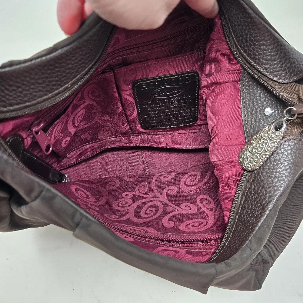 BRIGHTON Brown‎ Patent Leather Croc Embossed Nylon Hobo Purse Shoulder Bag Tote